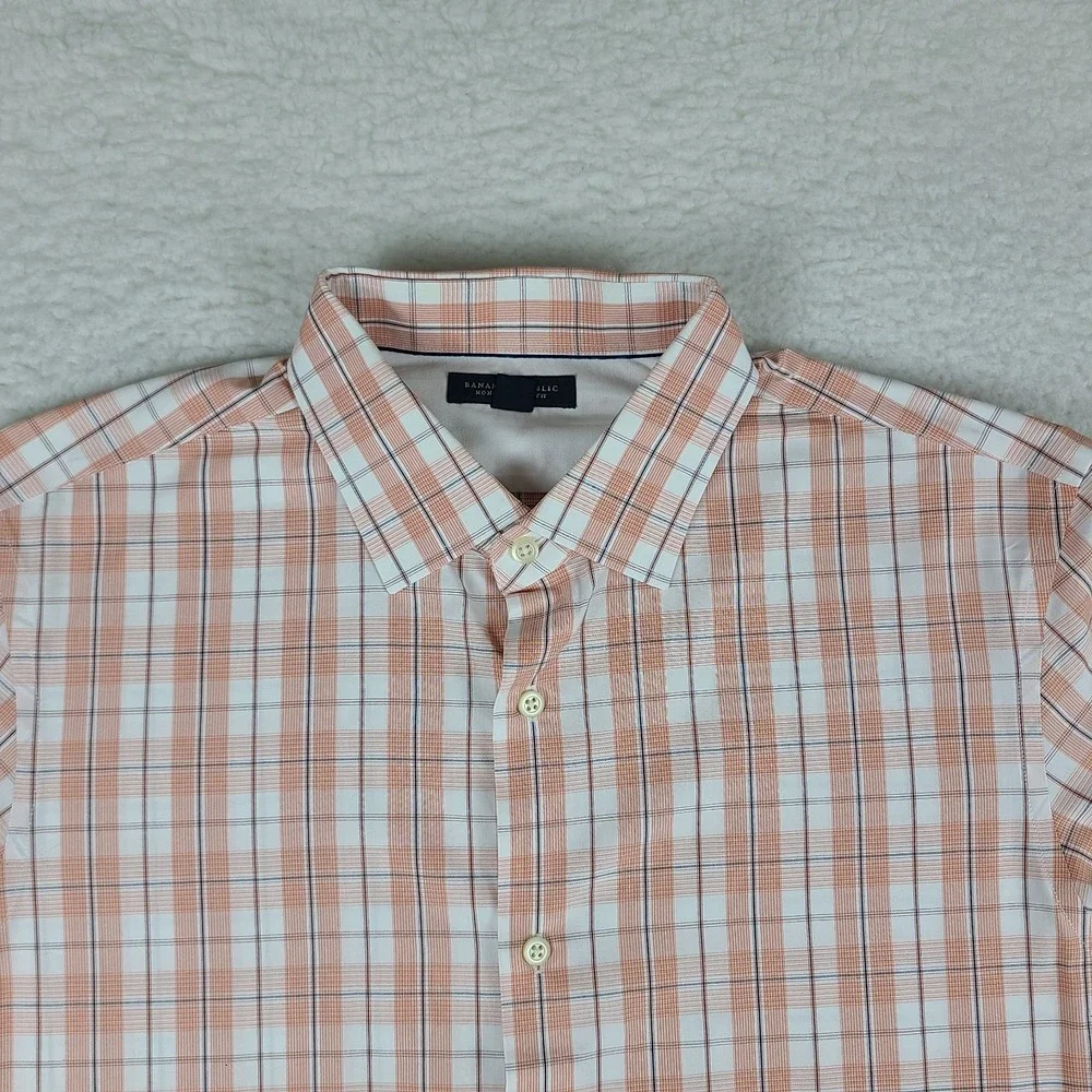 Banana Republic Dress Shirt Mens Large Salmon Plaid Non Iron Slim‎ Fit Button Up
